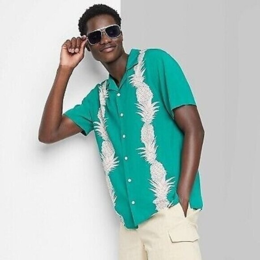 Mens Original Use Teal Short Sleeve Button-Down Hawaiian Style Shirt Size Small